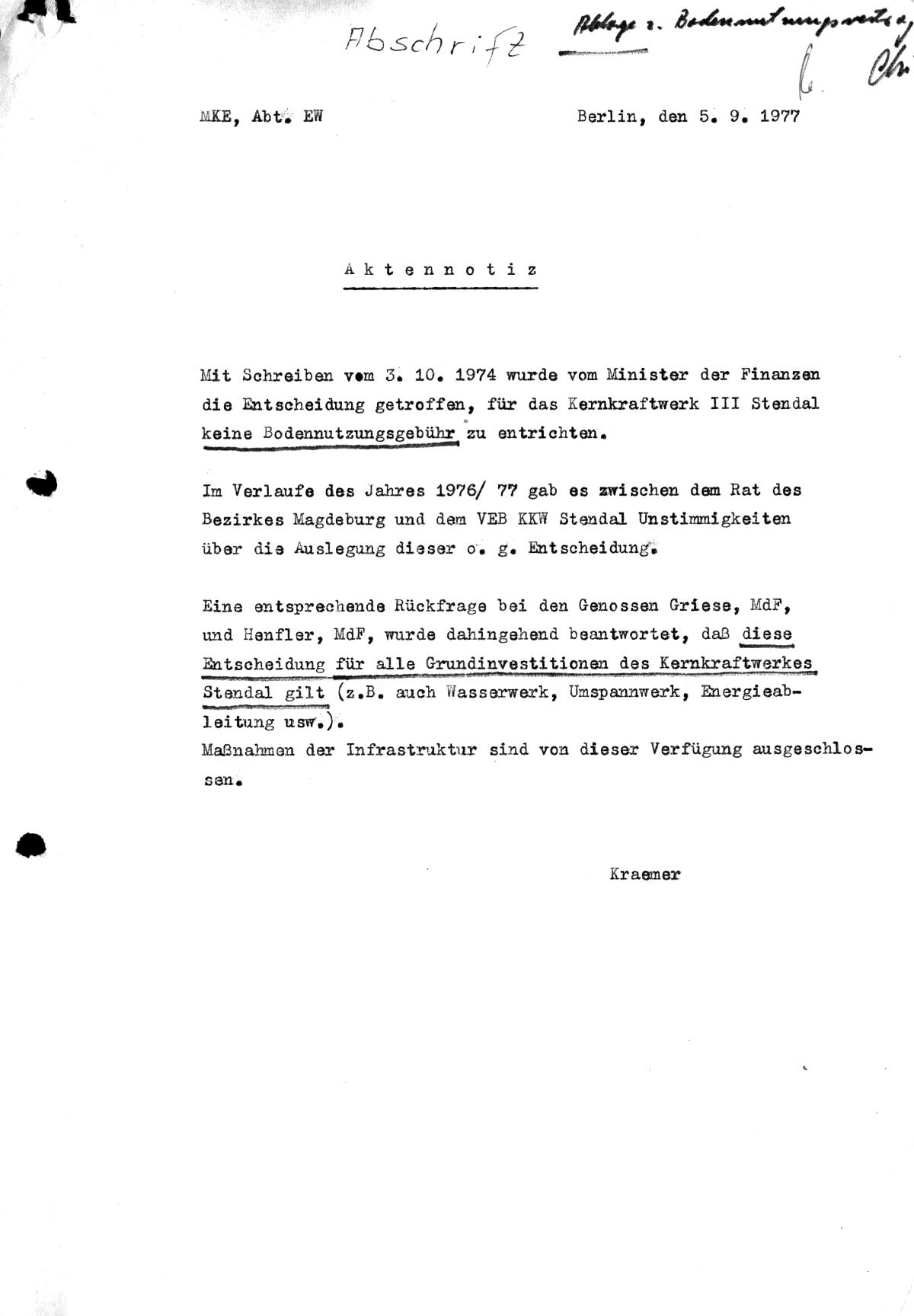  KKW Stendal, Bodennutzungsgebühr 1977